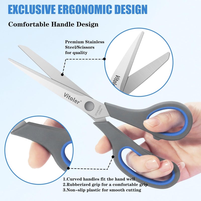VITOLER Scissors, Heavy Duty Scissors All Purpose Bulk Set of 3-Pack，Sharp Scissor for Office School Craft Sewing Fabric, Right/Left Hand - Image 3